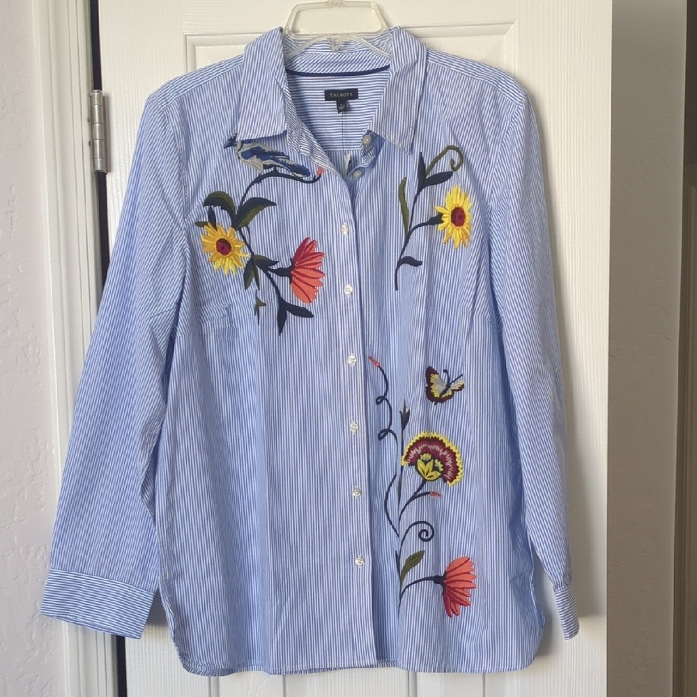 NWT Talbots Blue Striped Button Down Shirt with Floral Embroidery